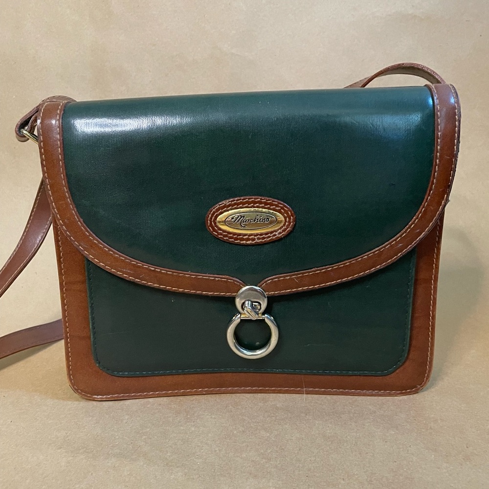 DESIGNER MARCHINO LEATHER TRIM SHOULDER BAG MULTI-POCKETED GREEN & BROWN